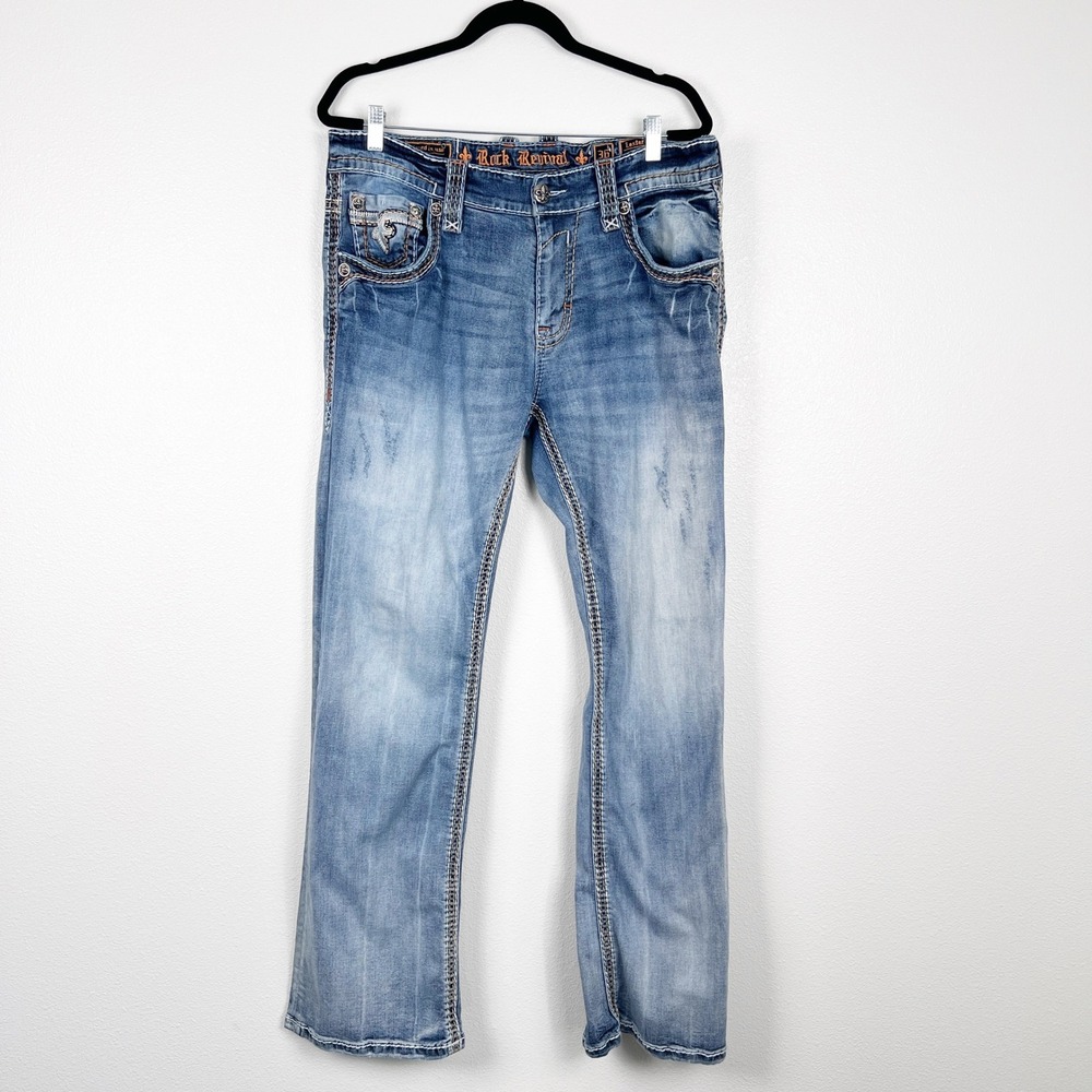 Rock Revival Men's Lester Bootcut Blue Jeans Sz 36